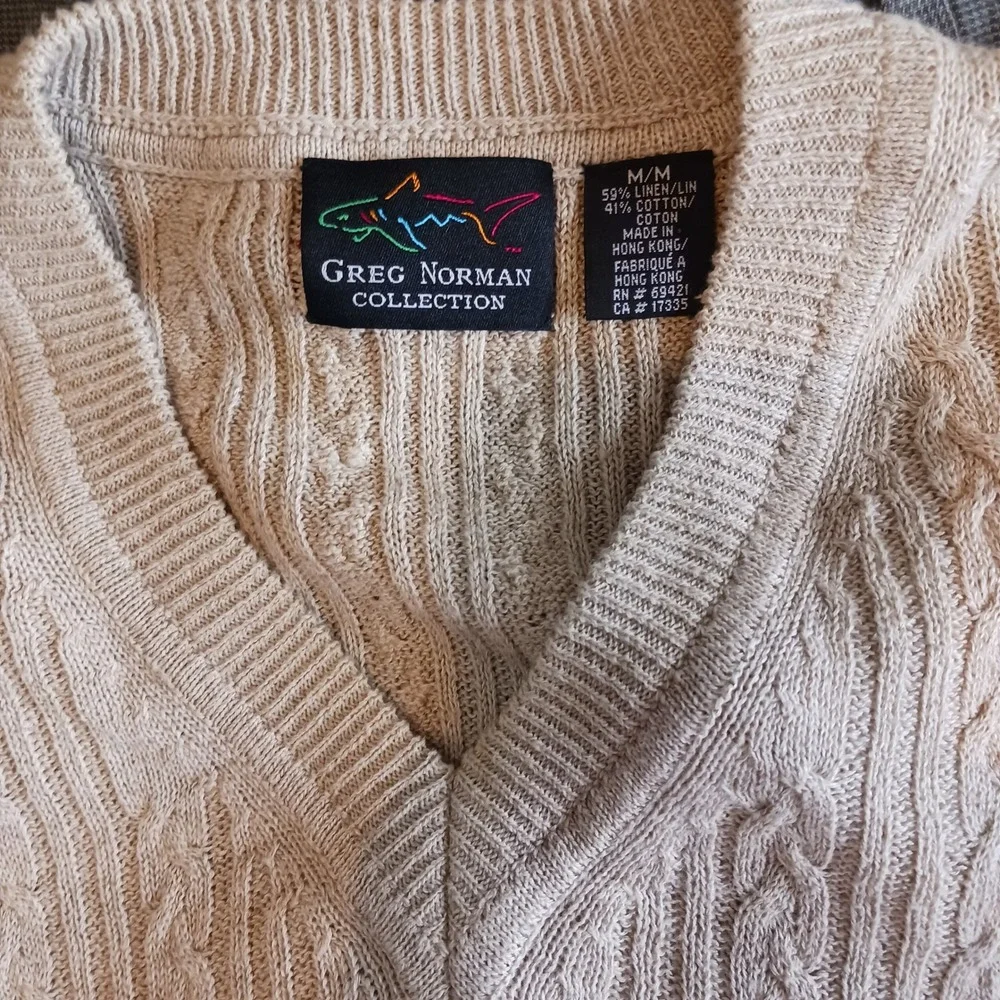 Greg Norman Sweater Vest Mens Medium Beige Excellent Cable Knit Linen Cotton